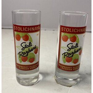 Pair Stolichnaya Stoli Razberi Raspberry Russian Vodka Double Shot Glasses NOS